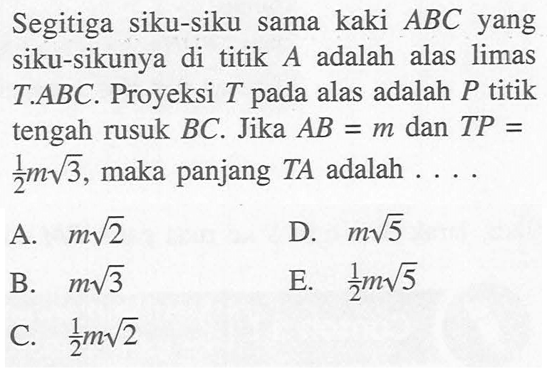 Segitiga siku-siku sama kaki ABC yang siku-sikunya di titik A adalah alas limas T.ABC. Proyeksi T pada alas adalah P titik tengah rusuk BC. Jika AB=m dan TP=1/2m akar(3), maka panjang TA adalah....