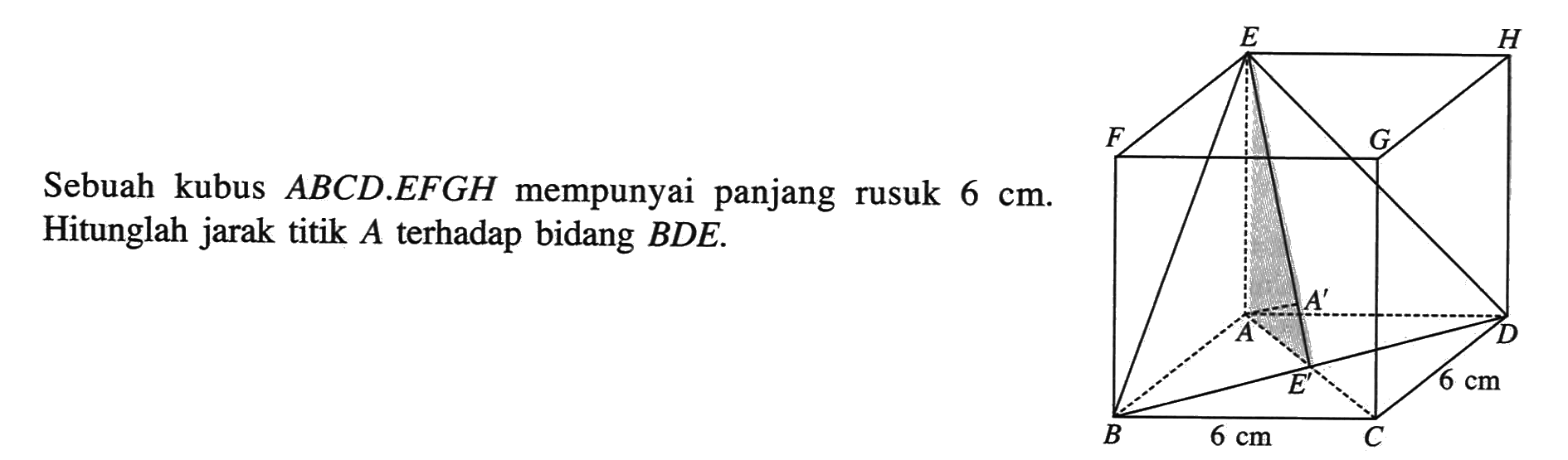 Sebuah kubus ABCD.EFGH mempunyai panjang rusuk 6 cm. Hitunglah jarak titik A terhadap bidang BDE. E H F G A' A D E 6 cm B 6 cm C