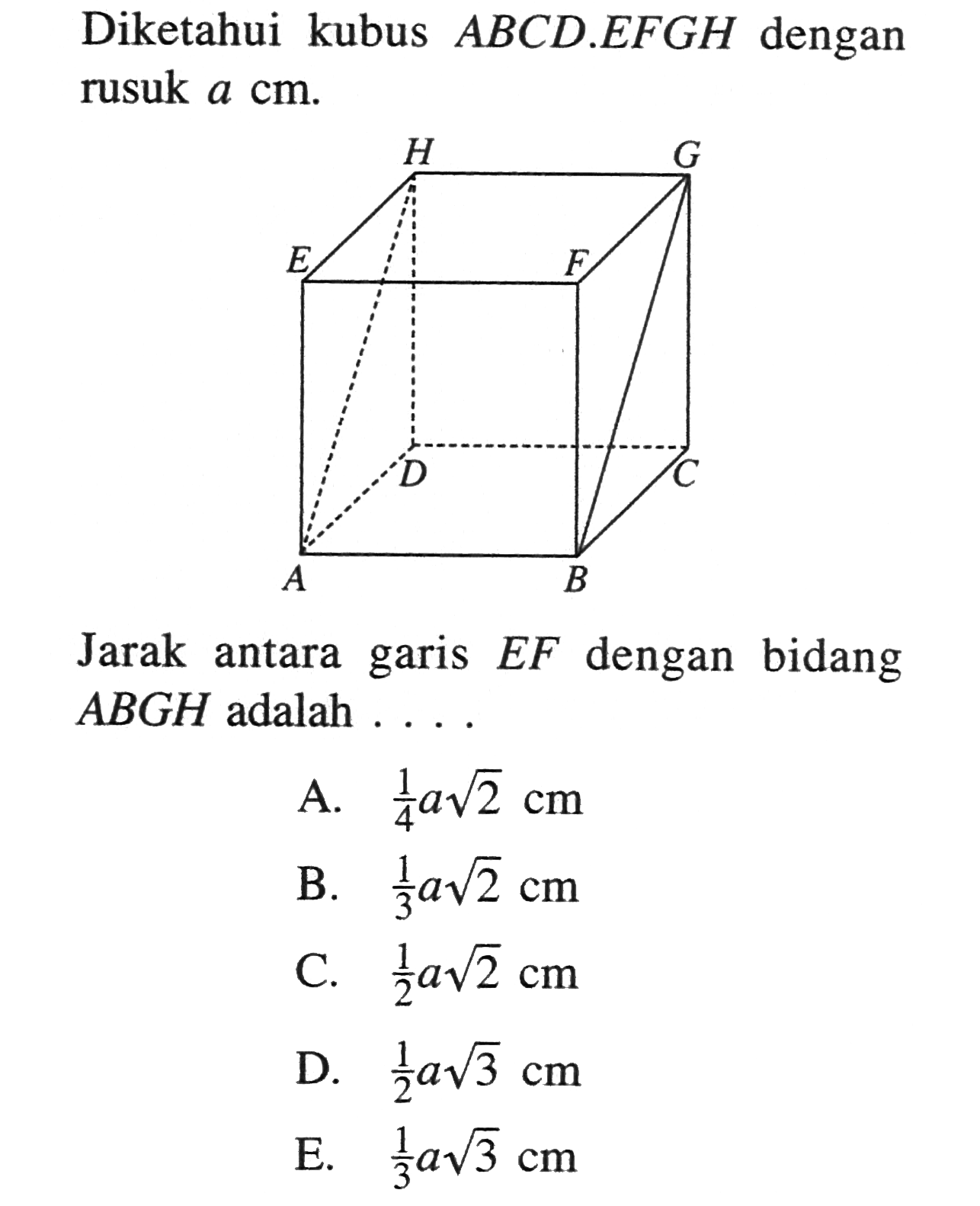 Diketahui kubus ABCD EFGH dengan rusuk a cm.B Jarak EF dengan bidang antara garis ABGH adalah