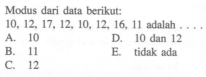 Modus dari data berikut: 10, 12, 17, 12, 10, 12, 16, 11 adalah....