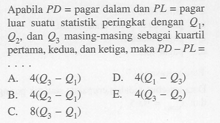 Apabila PD= pagar dalam dan PL= pagar luar suatu statistik peringkat dengan Q1, Q2, dan Q3 masing-masing sebagai kuartil pertama, kedua, dan ketiga, maka PD-PL=...