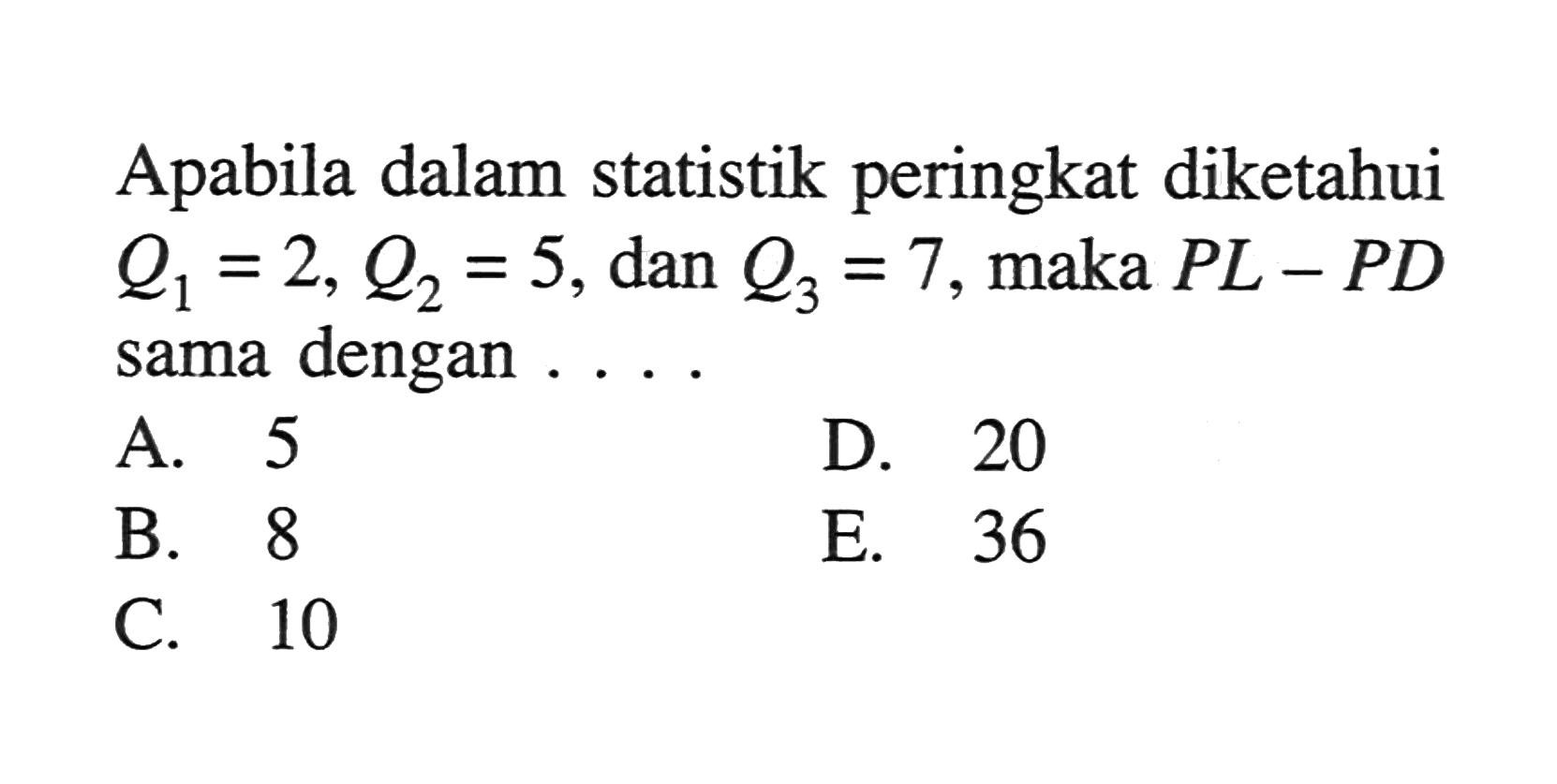 Apabila dalam statistik peringkat diketahui Q1=2,Q2=5, dan Q3=7, maka PL-PD sama dengan ....