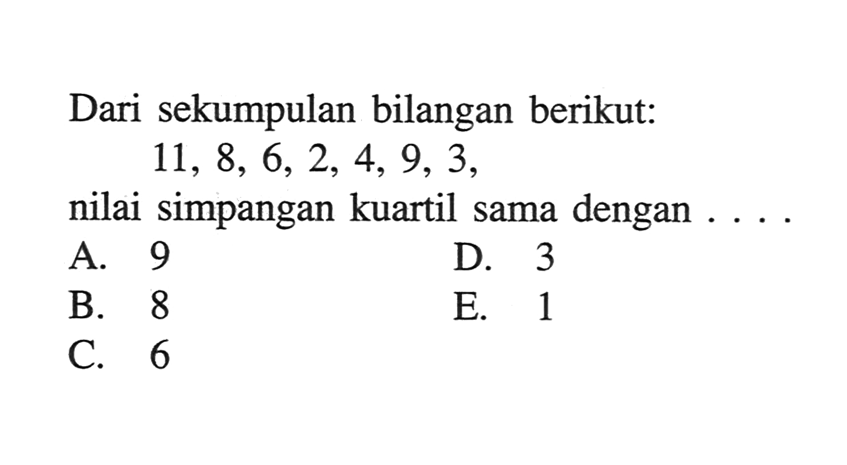 Dari sekumpulan bilangan berikut: 11, 8, 6, 2, 4, 9, 3, nilai simpangan kuartil sama dengan ...