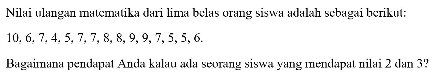 Nilai ulangan matematika dari lima belas orang siswa adalah sebagai berikut: 10,6,7,4,5,7,7,8,8,9,9,7,5,5,6. Bagaimana pendapat Anda kalau ada seorang siswa yang mendapat nilai 2 dan 3?