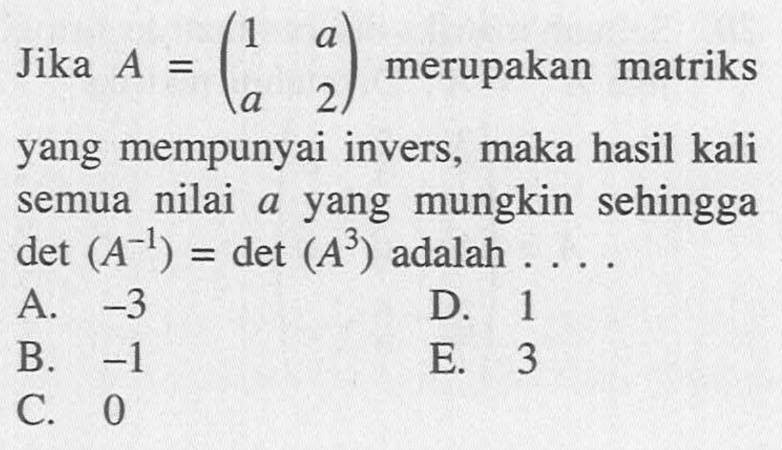 Jika A=(1 a a 2) merupakan matriks yang mempunyai invers, maka hasil kali semua nilai a yang mungkin sehingga det(A^(-1))=det(A^3) adalah . . . .