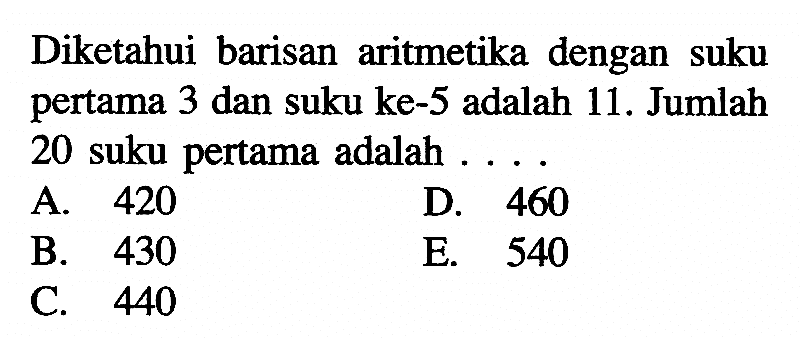 Diketahui barisan aritmetika dengan suku pertama 3 dan suku ke-5 adalah 11. Jumlah 20 suku pertama adalah.... 