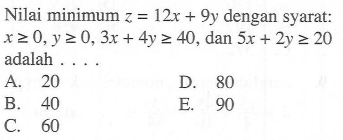 Nilai minimum z=12x+9y dengan syarat: x>=0,y>=0, 3x+4>=40, dan 5x+2y>=20 adalah ...