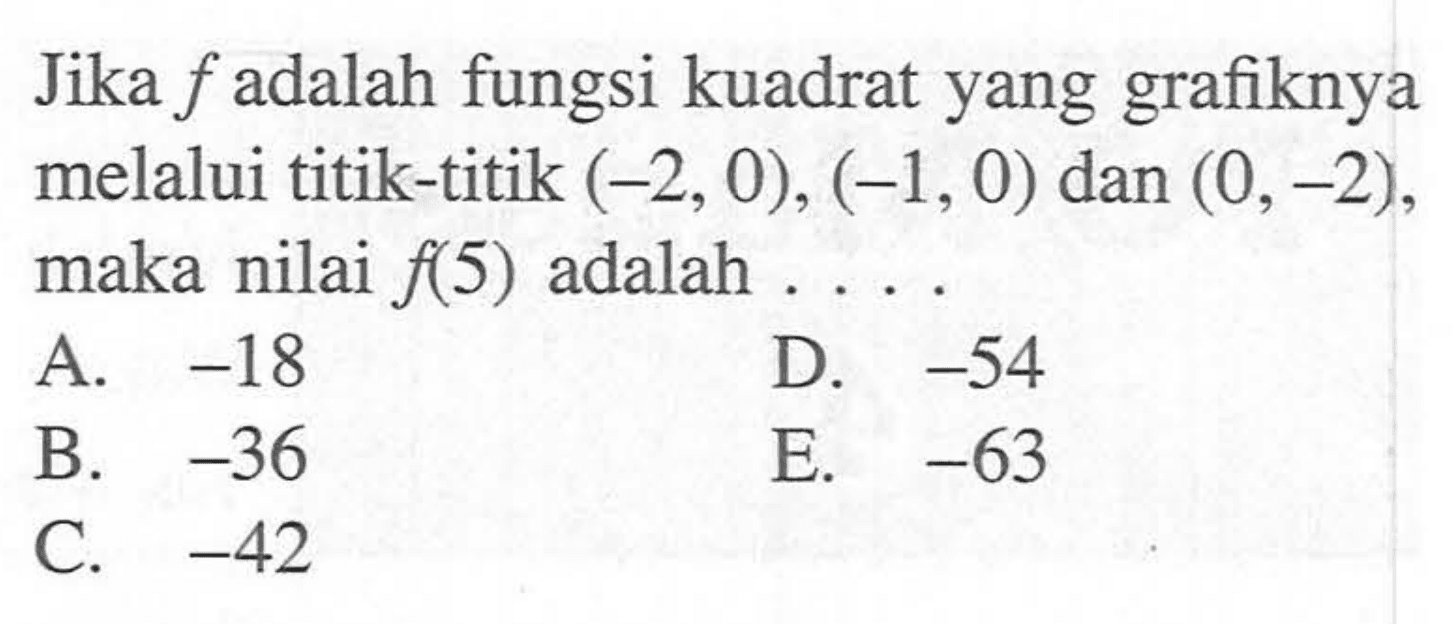 Jika f adalah fungsi kuadrat yang grafiknya melalui titik-titik (-2,0), (-1,0) dan (0,-2), maka nilai f(5) adalah ....
