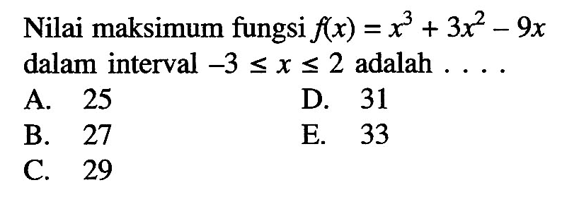 Nilai maksimum fungsi f(x)=x^3+3x^2-9x dalam interval -3<=x<=2 adalah  ... 