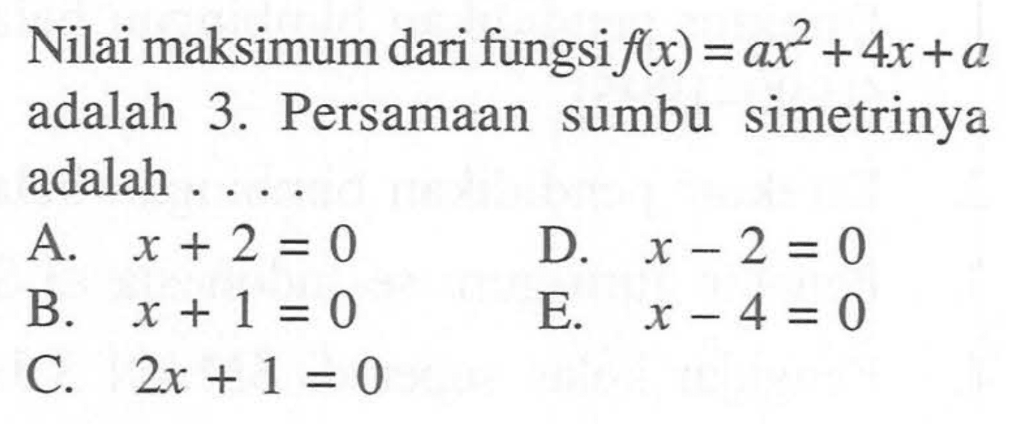 Nilai maksimum dari fungsi f(x) = ax^2 + 4x + a adalah 3. Persamaan sumbu simetrinya adalah ...