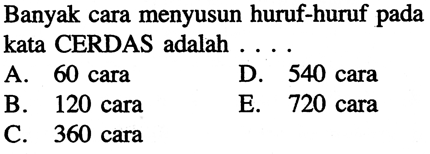 Banyak cara menyusun huruf-huruf pada kata CERDAS adalah .... 