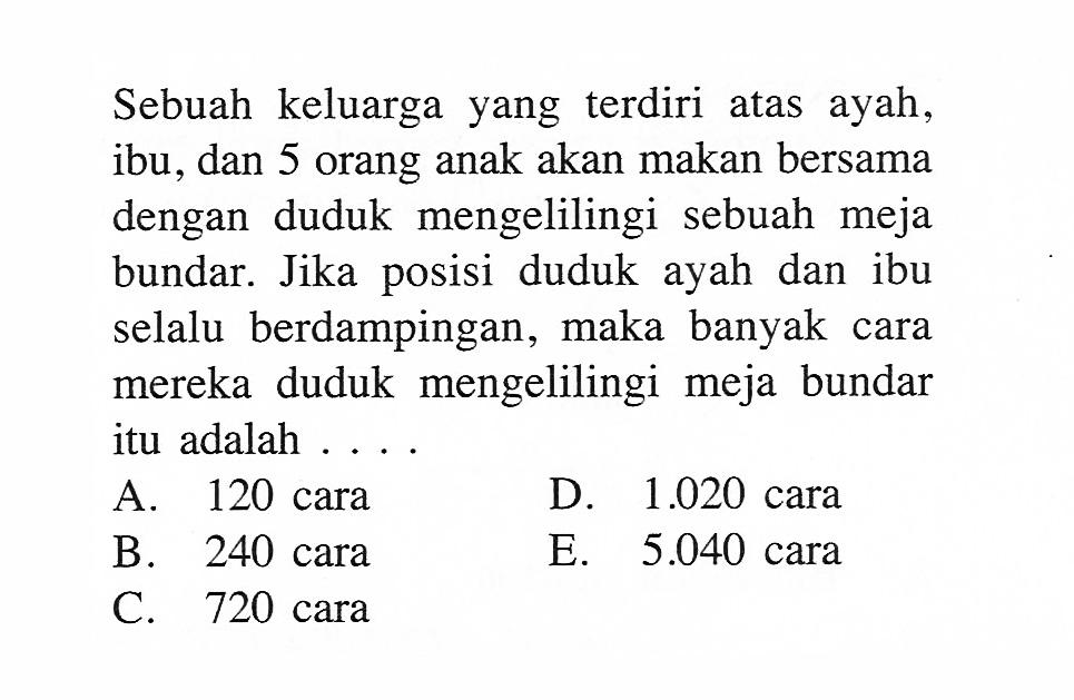 Sebuah keluarga yang terdiri atas ayah, ibu, dan 5 orang anak akan makan bersama dengan duduk mengelilingi sebuah meja bundar. Jika posisi duduk ayah dan ibu selalu berdampingan, maka banyak cara mereka duduk mengelilingi meja bundar itu adalah ...
