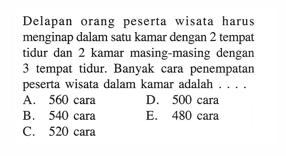 Delapan orang peserta wisata harus menginap dalam satu kamar dengan 2 tempat tidur dan 2 kamar masing-masing dengan 3 tempat tidur. Banyak cara penempatan peserta wisata dalam kamar adalah ....