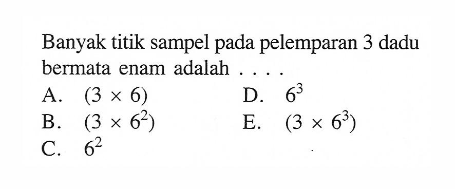 Banyak titik sampel pada pelemparan 3 dadu bermata enam adalah ....