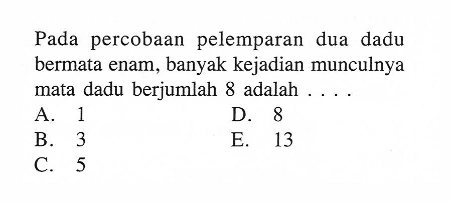 Pada percobaan pelemparan dua dadu bermata enam, banyak kejadian munculnya mata dadu berjumlah 8 adalah  ... .