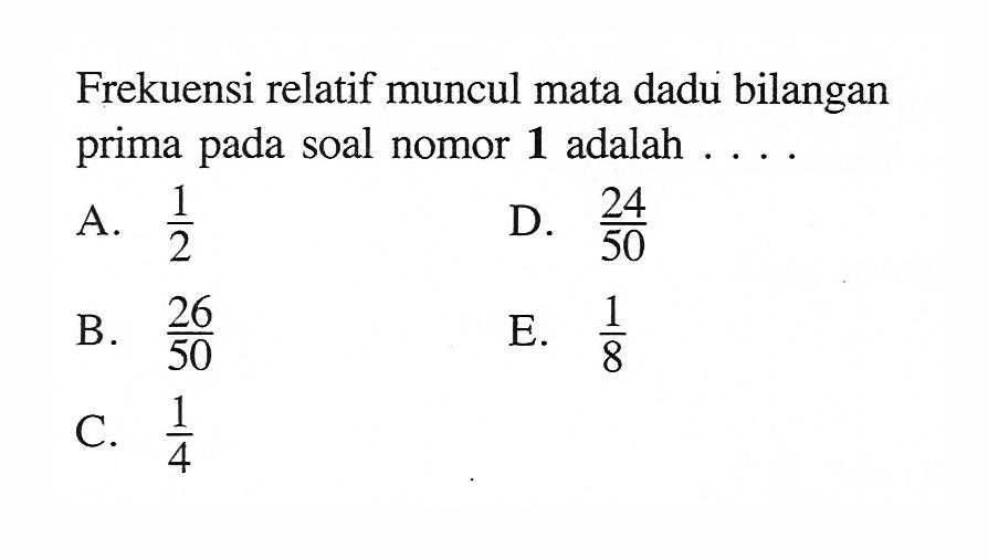 Frekuensi relatif muncul mata dadu bilangan prima pada soal nomor 1 adalah .... 