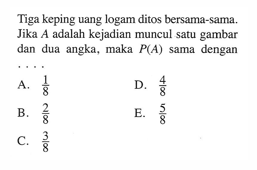 Tiga keping uang logam ditos bersama-sama. Jika A adalah kejadian muncul satu gambar dan dua angka, maka P(A) sama dengan