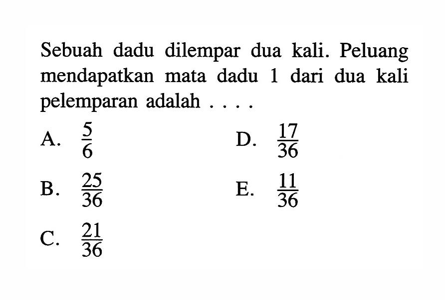 Sebuah dadu dilempar dua kali. Peluang mendapatkan mata dadu 1 dari dua kali pelemparan adalah ....