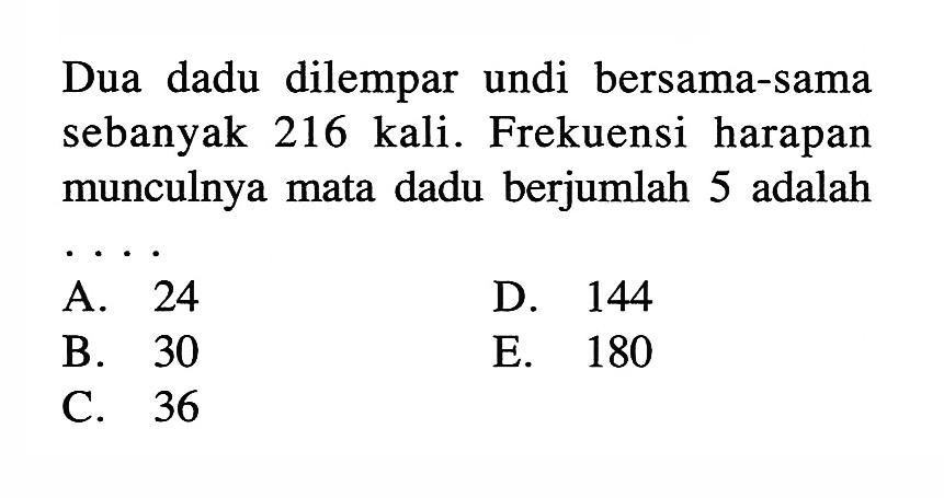 Dua dadu dilempar undi bersama-sama sebanyak 216 kali. Frekuensi harapan munculnya mata dadu berjumlah 5 adalah ....