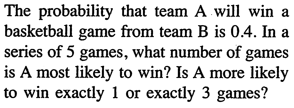 The probability that team A will win a basketball game from team B is 0.4. In a series of 5 games, what number of games is A most likely to win? Is A more likely to win exactly 1 or exactly 3 games? 