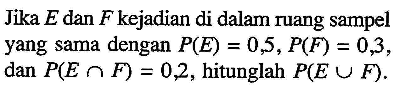 Jika E dan F kejadian di dalam ruang sampel yang sama dengan P(E)=0,5, P(F)=0,3, dan P(E n F)=0,2, hitunglah P(E u F). 