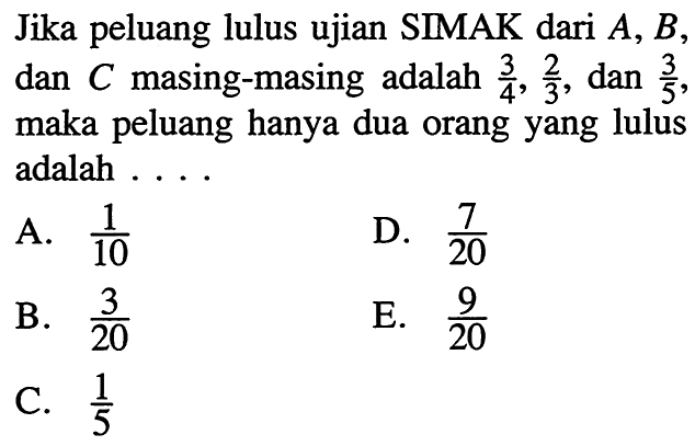 Jika peluang lulus ujian SIMAK dari A,B dan C masing-masing adalah 3/4, 2/3, dan 3/5 , maka peluang hanya dua orang yang lulus adalah ....