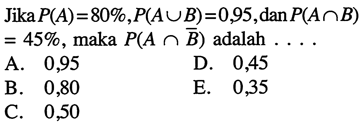 Jika P(A)=80%, P(A u B)=0,95, dan P(A n B) =45%, maka P(A n B^c) adalah...   