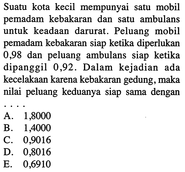 Suatu kota kecil mempunyai satu mobil pemadam kebakaran dan satu ambulans untuk keadaan darurat. Peluang mobil pemadam kebakaran siap ketika diperlukan 0,98 dan peluang ambulans siap ketika dipanggil 0,92 . Dalam kejadian ada kecelakaan karena kebakaran gedung, maka nilai peluang keduanya siap sama dengan ....
