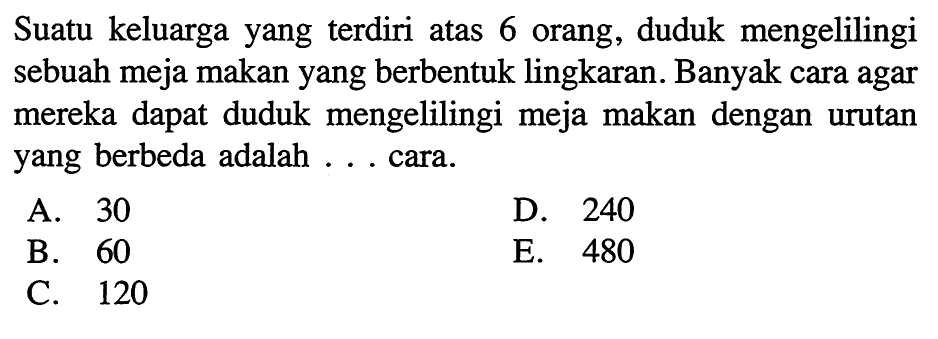 Suatu keluarga yang  terdiri atas 6 orang, duduk mengelilingi sebuah meja makan yang berbentuk lingkaran. Banyak cara agar mereka dapat duduk mengelilingi meja makan dengan urutan yang berbeda adalah ... cara.A. 30D. 240B. 60E. 480C. 120