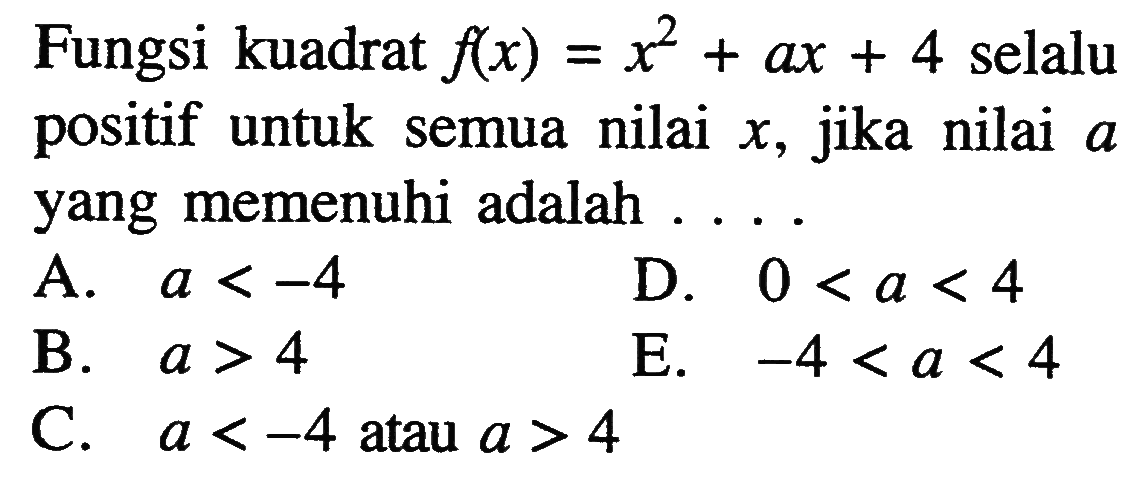 Fungsi kuadrat  f(x)=x^2+ax+4  selalu positif untuk semua nilai  x , jika nilai  a  yang memenuhi adalah ....