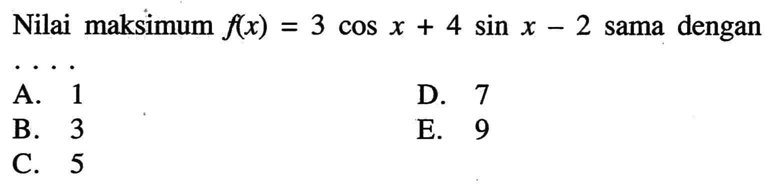 Nilai maksimum f(x) = 3 cos x + 4 sin x - 2 sama dengan