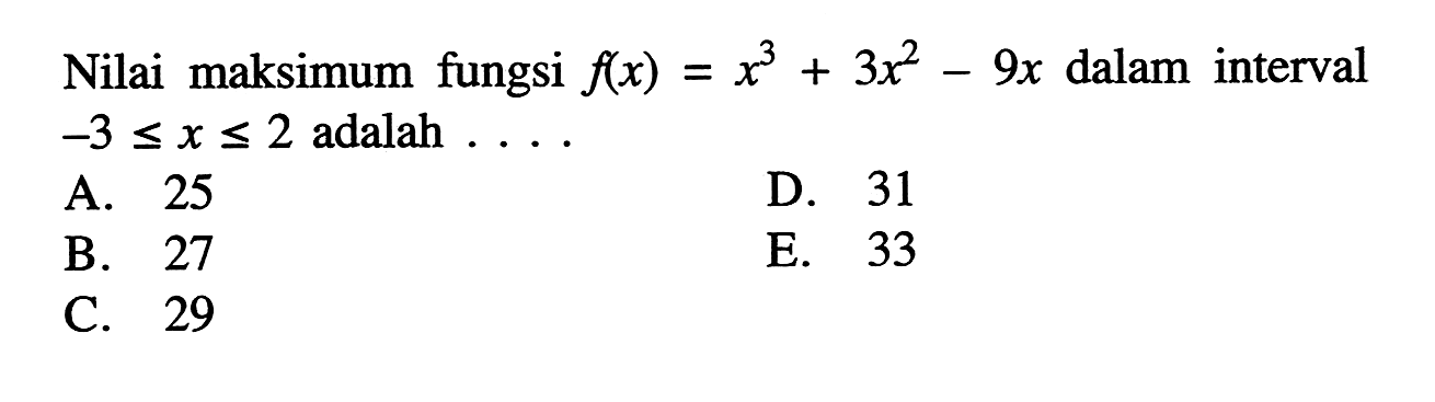 Nilai maksimum fungsi f(x)=x^3+3x^2-9x dalam interval -3<=x<=2 adalah .... 