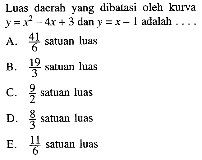 Luas daerah yang dibatasi oleh kurva y=x^2-4x+3 dan y=x-1 adalah... 