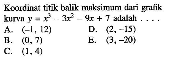 Koordinat titik balik maksimum dari grafik kurva  y=x^3 - 3x^2 - 9x + 7  adalah  ... . 