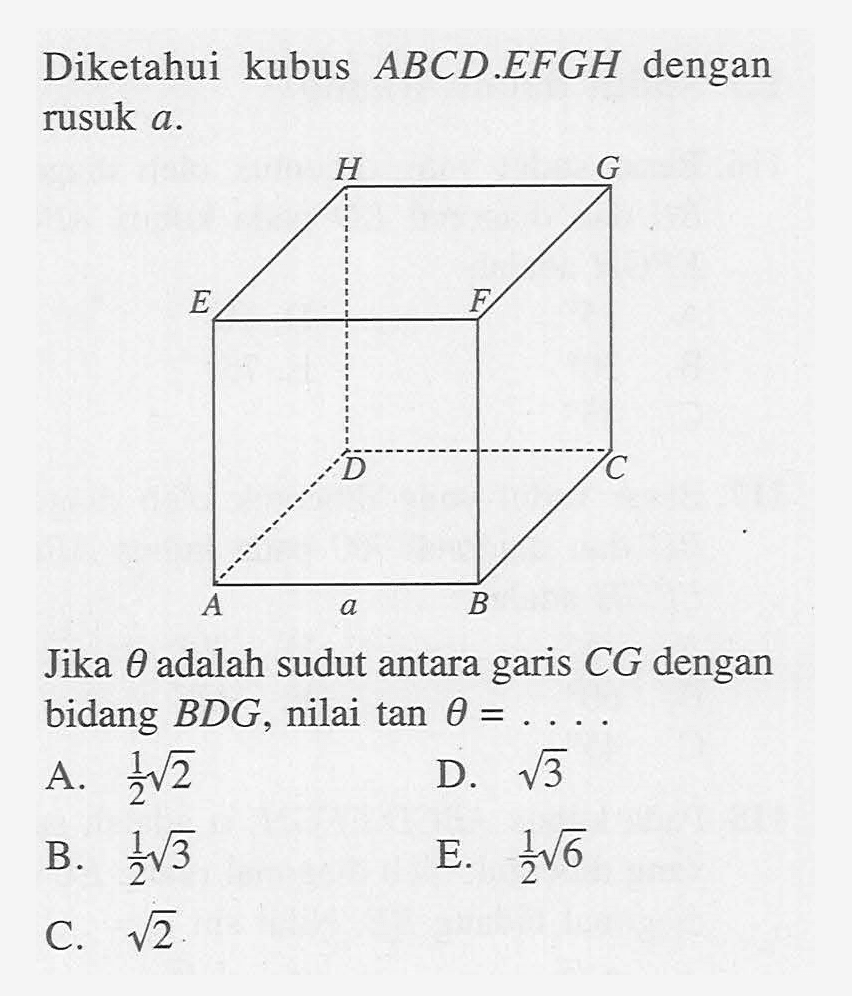 Diketahui kubus ABCD.EFGH dengan rusuk a. Jika theta adalah sudut antara CG dengan garis bidang BDG, nilai tan theta = ....