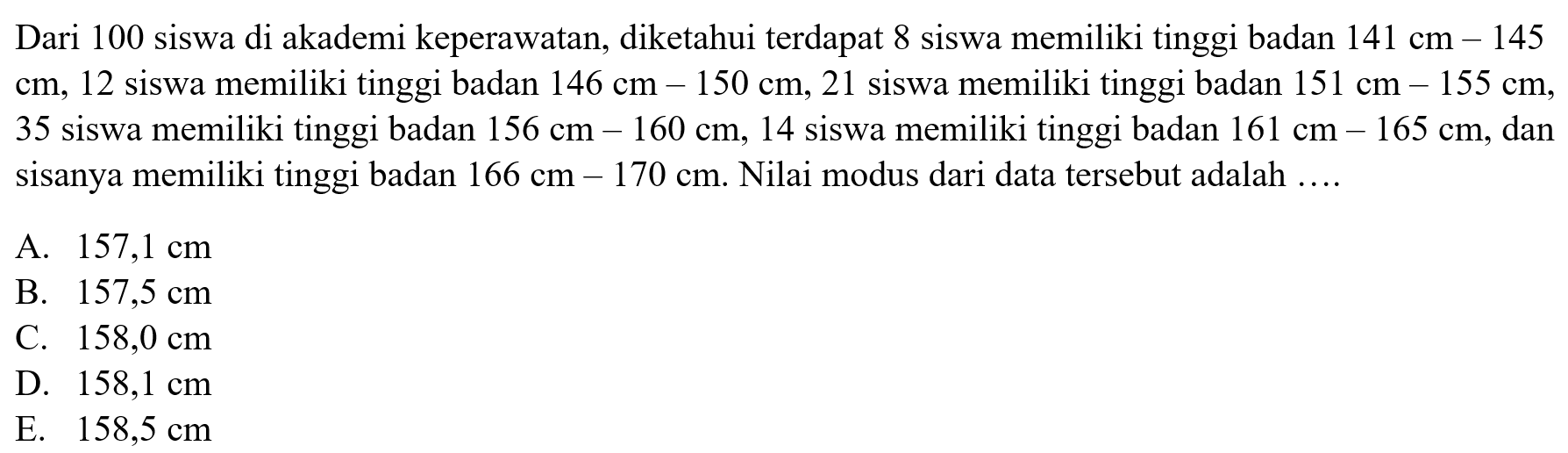 Dari 100 siswa di akademi keperawatan, diketahui terdapat 8 siswa memiliki tinggi badan 141 cm-145 cm, 12 siswa memiliki tinggi badan 146 cm-150 cm, 21 siswa memiliki tinggi badan 151 cm -155 cm, 35 siswa memiliki tinggi badan 156 cm-160 cm, 14 siswa memiliki tinggi badan 161 cm-165 cm, dan sisanya memiliki tinggi badan 166 cm-170 cm. Nilai modus dari data tersebut adalah ....