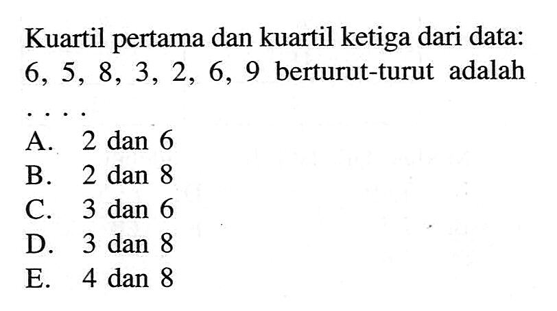 Kuartil pertama dan kuartil ketiga dari data: 6, 5, 8, 3, 2, 6, 9 berturut-turut adalah....