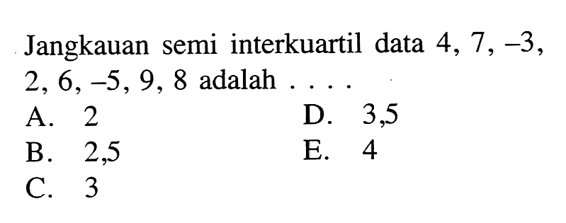 Jangkauan semi interkuartil data 4, 7, -3, 2, 6,-5,9, 8 adalah ...