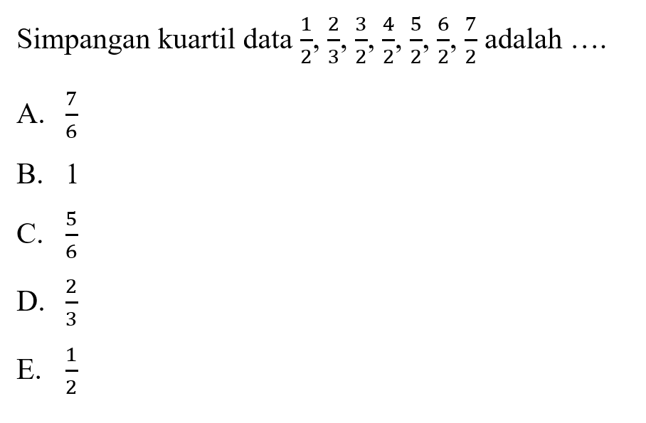 Simpangan kuartil data 1/2, 2/3, 3/2, 4/2, 5/2, 6/2, 7/2 adalah ...