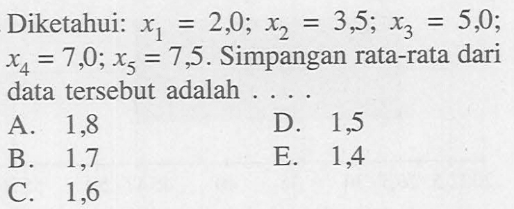 Diketahui: x1 = 2,0; x2 = 3,5; x3 = 5,0; x4 = 7,0; x5 = 7,5. Simpangan rata-rata dari x4 = = data tersebut adalah