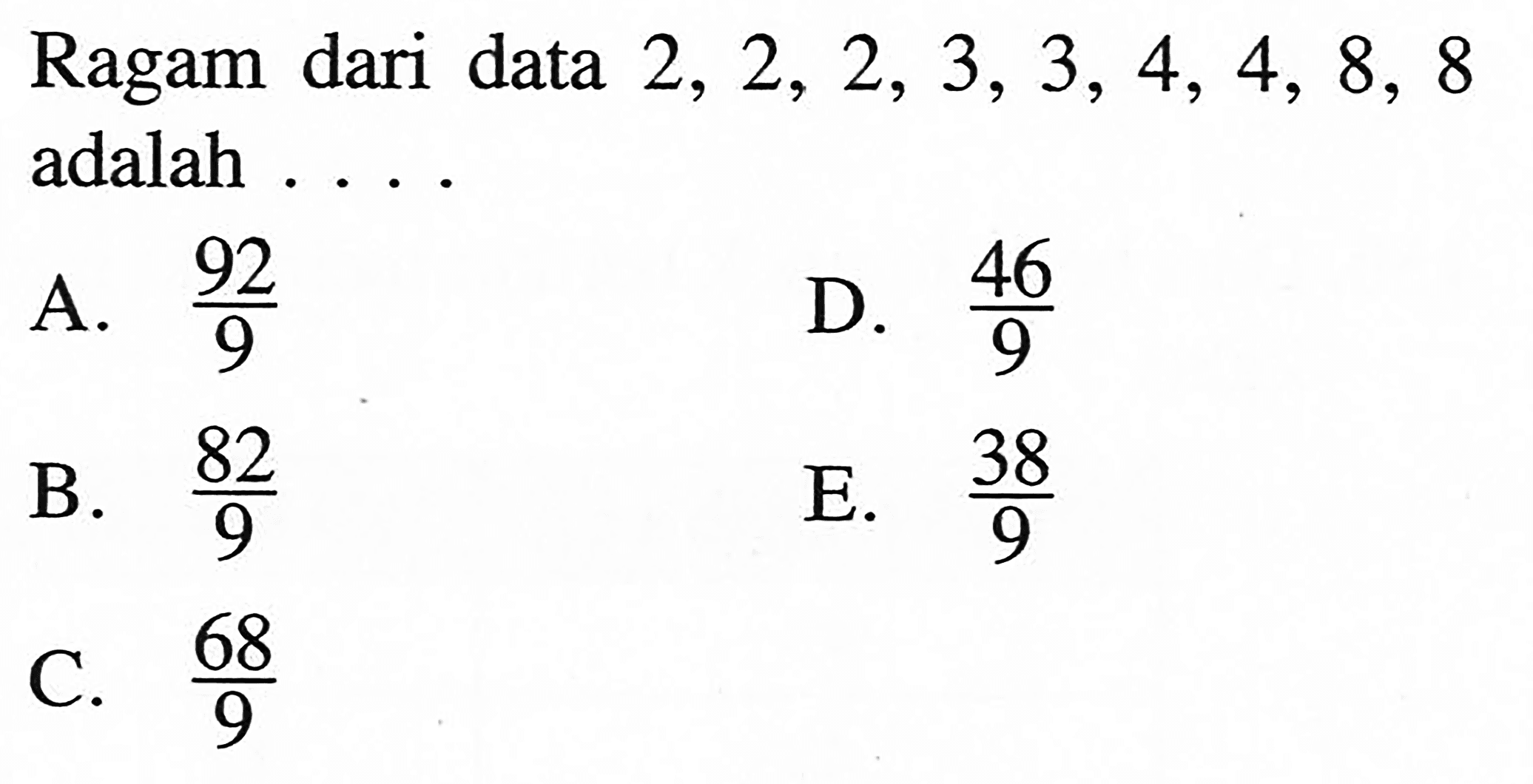 Ragam dari data 2, 2, 2, 3, 3, 4, 4, 8, 8 adalah . . . .