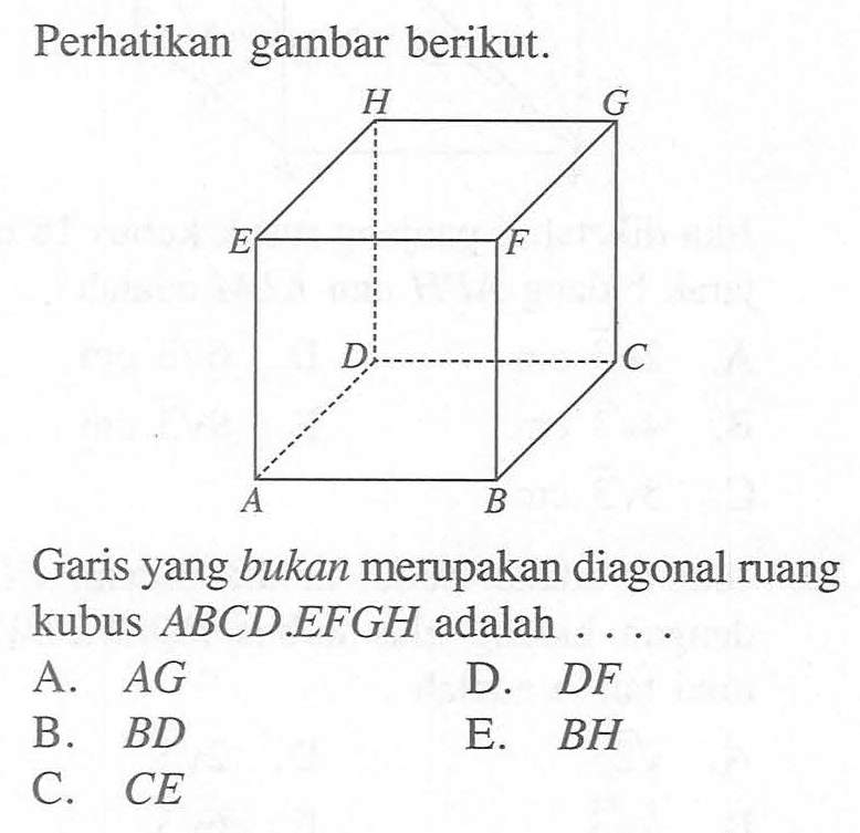 Perhatikan gambar berikut.Kubus ABCD.EFGHGaris yang bukan merupakan diagonal ruang kubus  ABCD.EFGH adalah ....