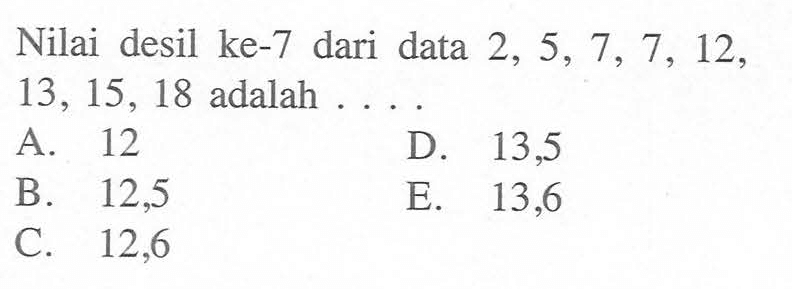 Nilai desil ke-7 dari data 2, 5, 7, 7, 12, 13,15,18 adalah ....