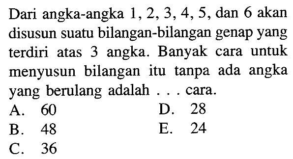 Dari angka-angka 1,2,3,4,5, dan 6 akan disusun suatu bilangan-bilangan genap yang terdiri atas 3 angka. Banyak cara untuk menyusun bilangan itu tanpa ada angka yang berulang adalah ... cara.