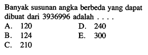 Banyak susunan angka berbeda yang dapat dibuat dari 3936996 adalah....