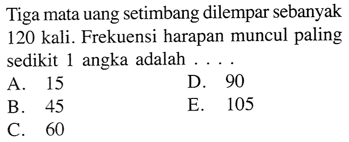 Tiga mata uang setimbang dilempar sebanyak 120 kali. Frekuensi harapan muncul paling sedikit 1 angka adalah ....