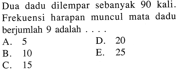 Dua dadu dilempar sebanyak 90 kali. Frekuensi harapan muncul mata dadu berjumlah 9 adalah....