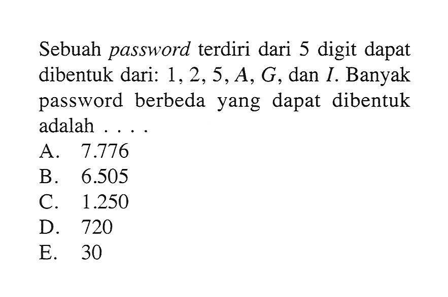 Sebuah password terdiri dari 5 digit dapat dibentuk dari: 1,2,5,A,G, dan I. Banyak password berbeda yang dapat dibentuk adalah ....