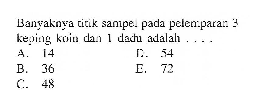 Banyaknya titik sampel pada pelemparan 3 keping koin dan 1 dadu adalah .... 