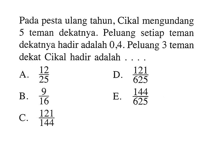 Pada pesta ulang tahun, Cikal mengundang 5 teman dekatnya. Peluang setiap teman dekatnya hadir adalah 0,4. Peluang 3 teman dekat Cikal hadir adalah ....
